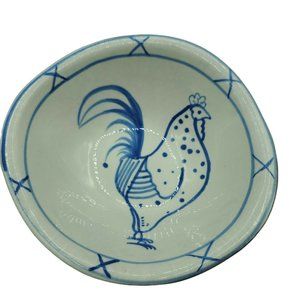 Hand Made Terracotta Bowl Rooster Blue & White interior Brown Ribbed Exterior